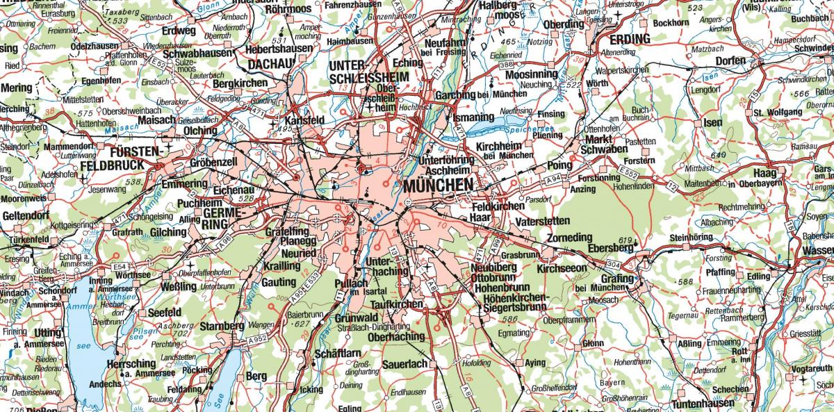 Kaart van münchen en de omliggende steden